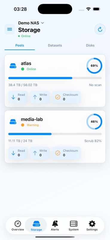 TrueMonitor storage pools view